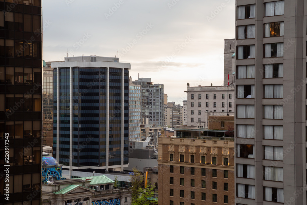 Downtown Vancouver, BC, Canada - April 29, 2018: Aerial view of the modern city.