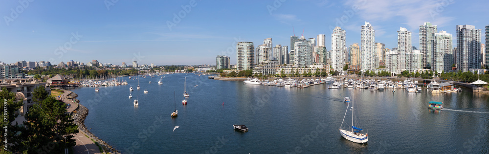 Vancouver, BC, Canada - August 5, 2018: Aerial view of False Creek during a sunny summer day.