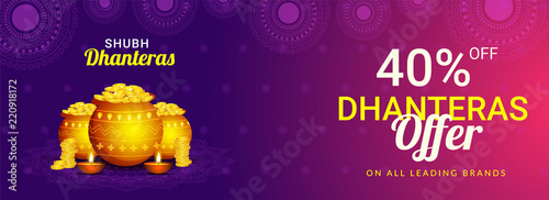 Sale banner design with 40% discount offer and shiny golden coin pot on purple background for Dhanteras festival celebration. photo