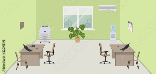 Green office room. There are two desks, beige chairs, a copy machine, a water cooler, a conditioner, a flower on a window background in the picture. Vector illustration.