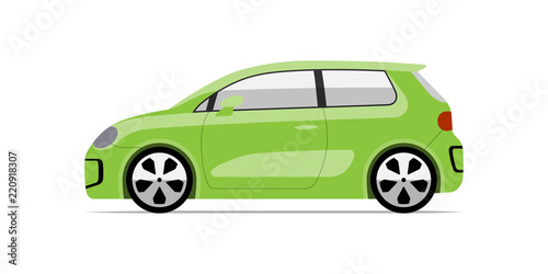 Modern compact city car in flat style. Side view of supermini vehicle isolated on white background