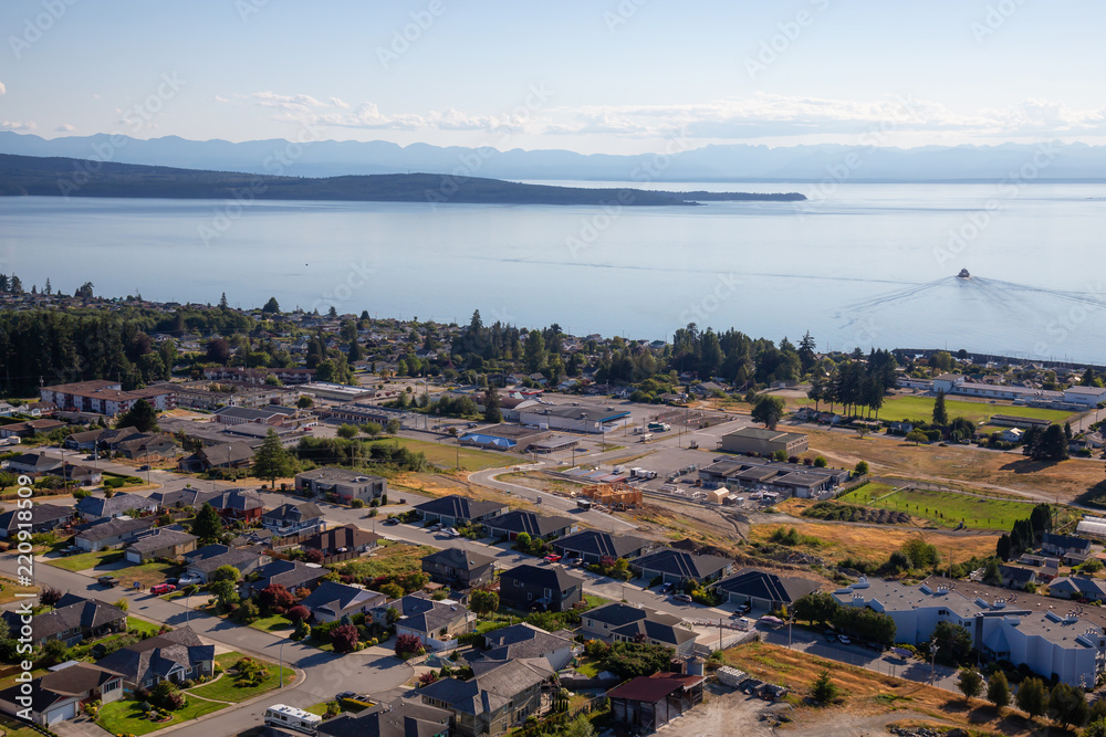 Aerial view of Powell River during a sunny summer day. Located in Sunshine Coast, BC, Canada.