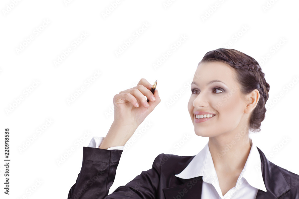 business woman pointing with pencil at the virtual point business woman pointing with pencil at the virtual point