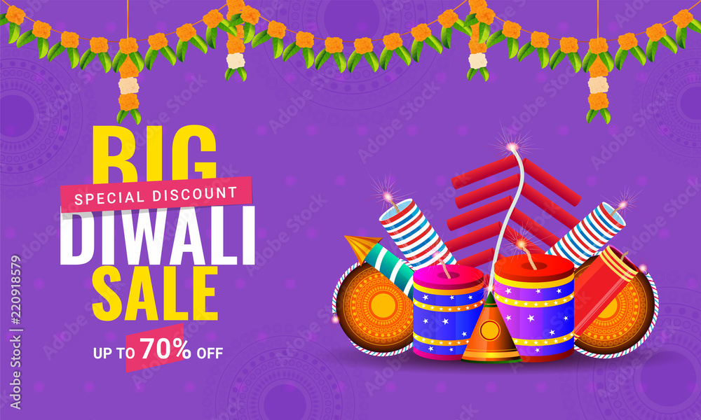 Diwali sale poster or banner design with 70% discount offer and firecrackers  on purple background for Indian festival celebration concept. Stock Vector  | Adobe Stock