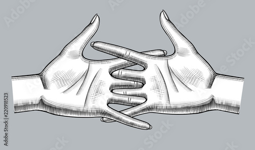 Pair of female hands palm up with woven fingers