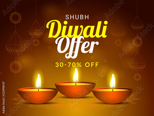 Shubh  Happy  Diwali offer 30-70  off for festival celebration concept with illustration of illuminated oil lamps on shiny brown background.
