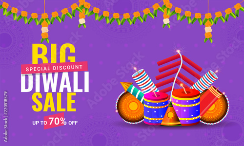 Diwali sale poster or banner design with 70% discount offer and firecrackers on purple background for Indian festival celebration concept.
