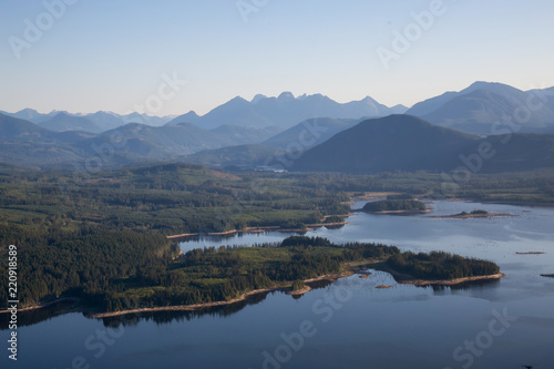 Aerial view of Lois Lake during a sunny summer day. Taken in Powell River, Sunshine Coast, BC, Canada.