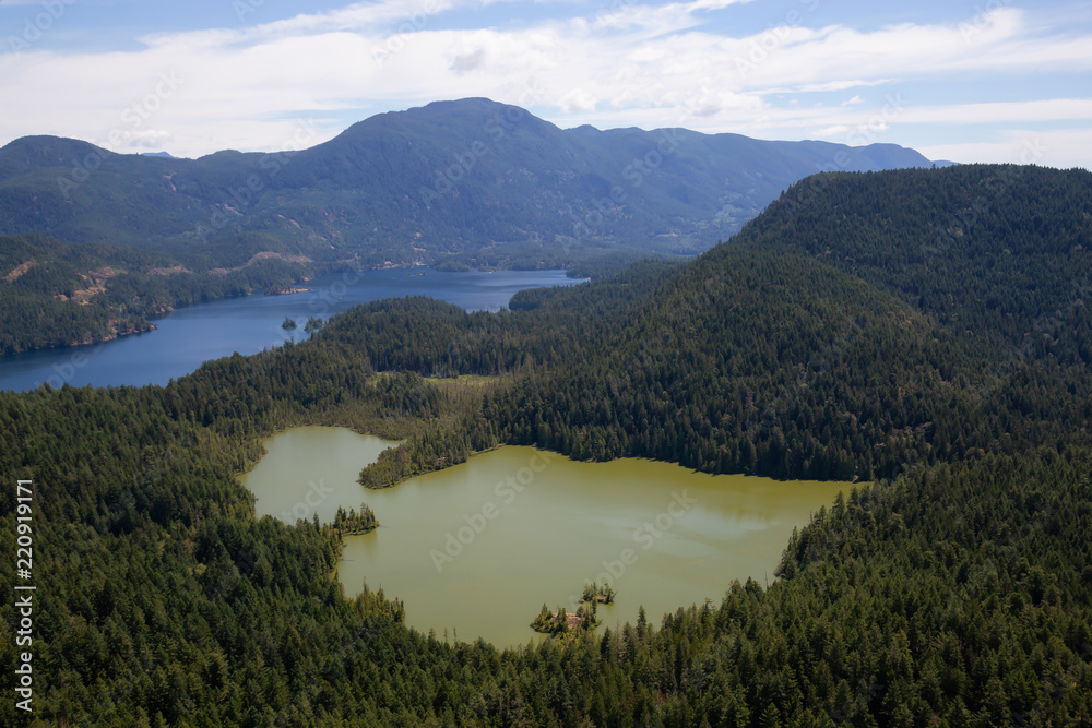 Aerial view of Ambrose Lake Ecological Reserve and Ruby Lake during a sunny summer day. Taken in Sunshine Coast, BC, Canada.