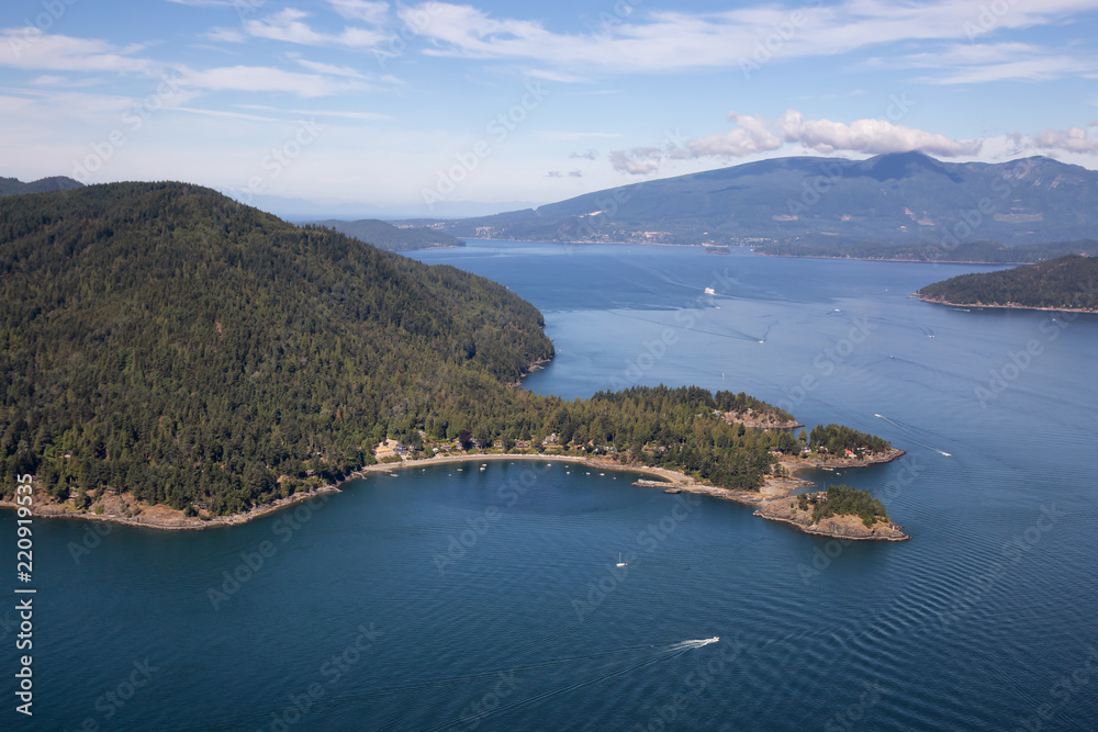 Aerial view of Bowen Island during a sunny summer day. Located in Howe Sound, Northwest of Vancouver, BC, Canada.