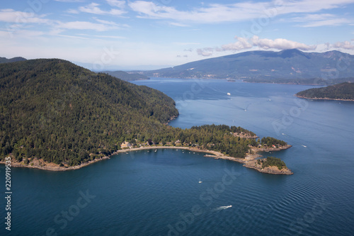 Aerial view of Bowen Island during a sunny summer day. Located in Howe Sound, Northwest of Vancouver, BC, Canada.