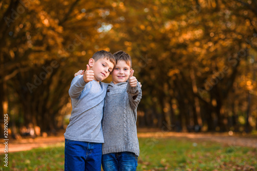 Two brothers in jeans walking in the autumn park.