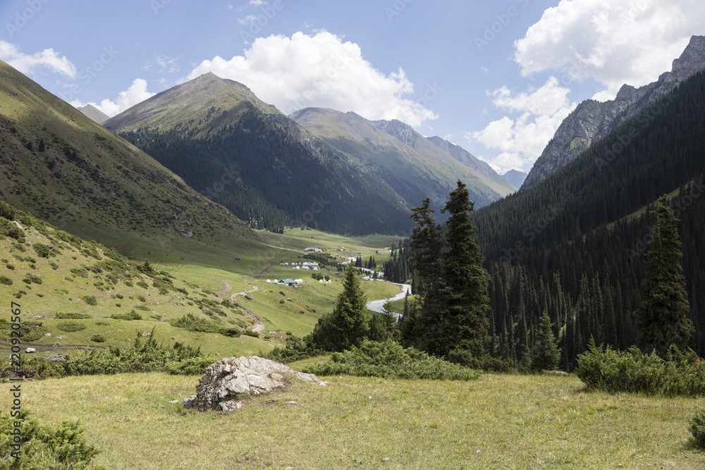 View of the yurt settlement of the valley of Altyn-Arashan in Kyrgyzstan