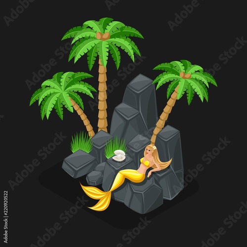 Isometric game concept of a cartoon with a fairy-tale character, a mermaid guards a pearl, a girl, the sea, islands, stones. Vector illustration