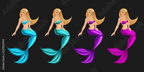 Isometrics game concept cartoon with fairy-tale character, beautiful mermaid with long hair, serena, girl, sea, tail