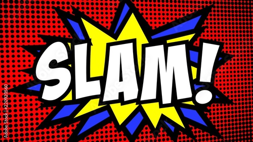 A comic strip cartoon with the word Slam. Green and halftone background, star shape effect. 