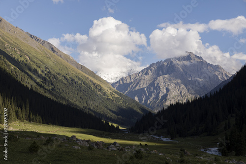 Valley of Altyn-Arashan during the late afternoon with deep shadows in Kyrgyzstan