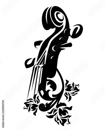 violin musical instrument among rose flowers - black and white vector design