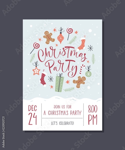 Vector christmas party invitation with handwritten modern brush lettering.