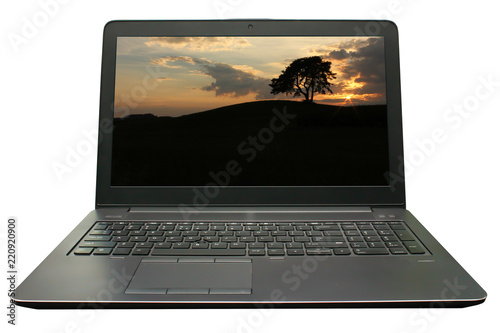 Front view of notebook with landscape on screen and white background
