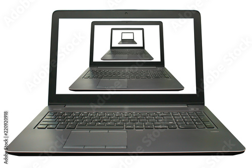 Front view of notebook with white background and infinite mirror effect