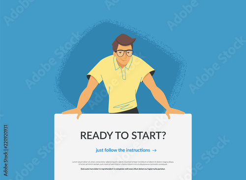 Website banner with invitation to web or mobile services. Flat vector illustration of a friendly man standing behind the banner and suggesting elearning classes, subscription for news or promo offers