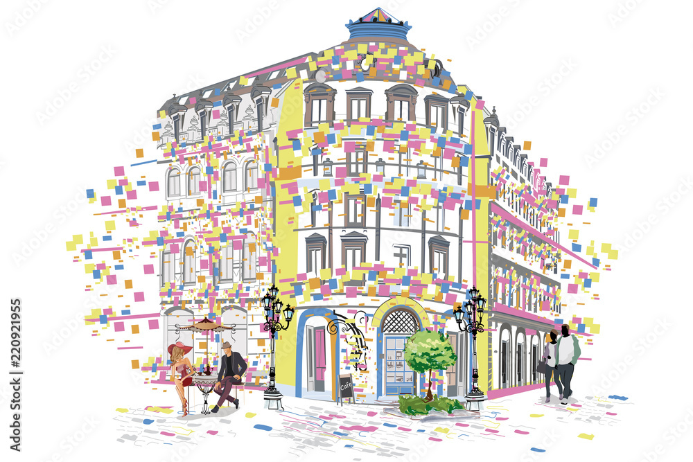 Series of colorful street views in the old city. Hand drawn vector architectural background with historic buildings.