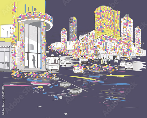 Series of colorful abstract street views in the city. Hand drawn vector architectural background with skyscrapers.