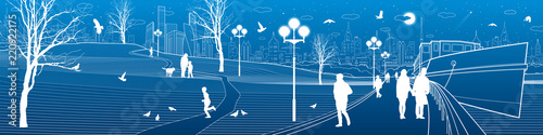 Сity embankment river. People walk along the sidewalk. Evening illuminated park. Kids are playing. Birds are flying. Ship on the water. Modern night town at background. Vector design art