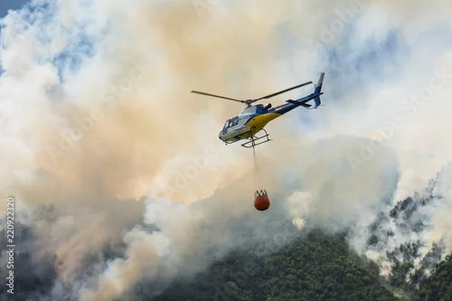 Obraz Lotnicze gaszenie pożarów helikopterem na wielkim pożarze w lesie sosnowym