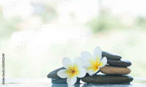 spa set of two flowers and stones for massage treatment with sunlight