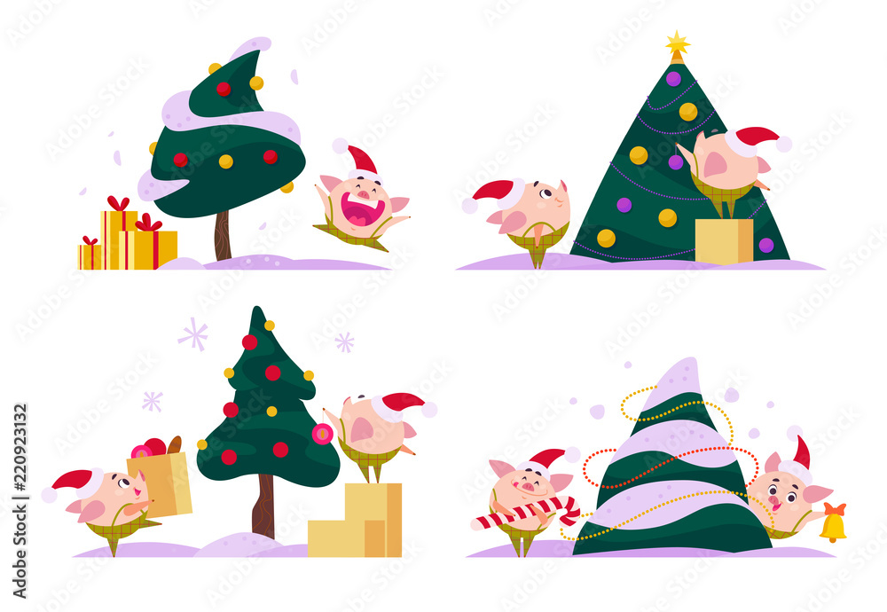 Obraz premium Vector flat collection of Merry Christmas happy pig elf at New year tree - ring bell, carry lollipop & gift box, jump happy, decorate fir tree - isolated on white background. Web banner, card, package