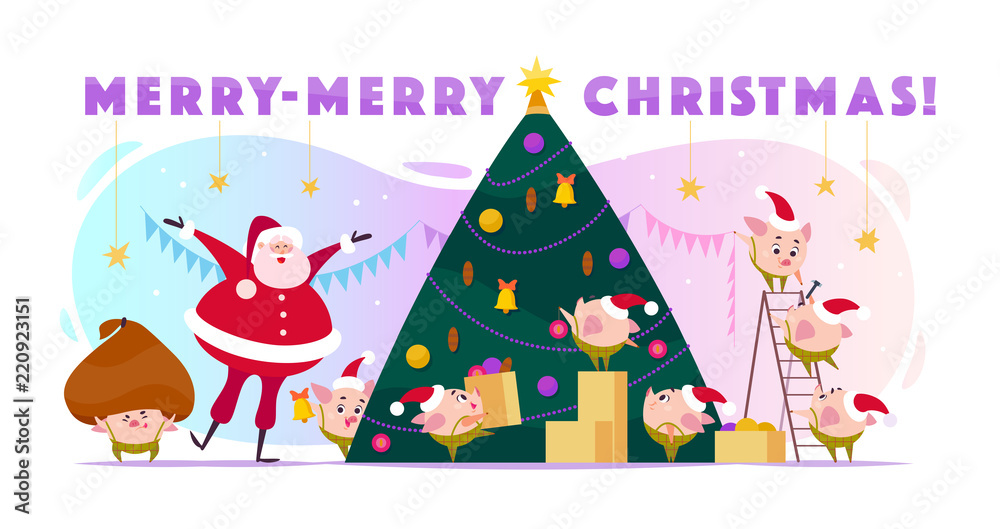 Fototapeta premium Vector flat illustration with Santa Claus laugh and 8 little round pig elf in Santa hat decorating big Christmas tree, carry boxes and huge bad. Cartoon style. Perfect for cards, web, packaging etc.