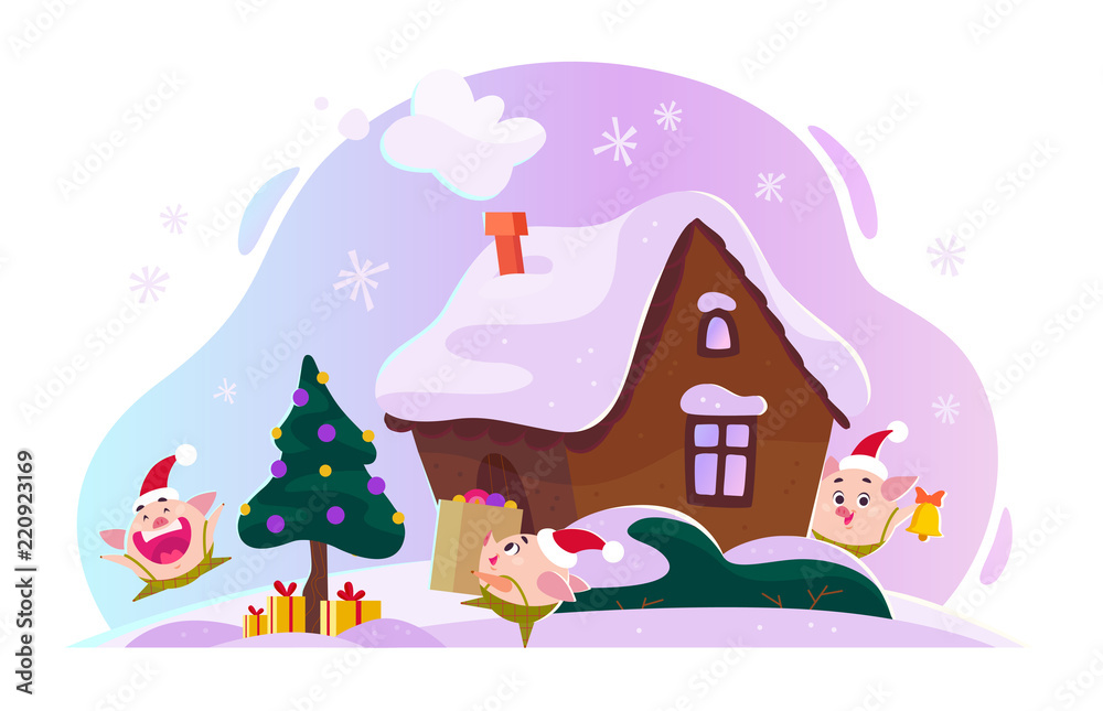 Vector flat Christmas illustration with winter composition. Fir tree with gift boxes, ginger house, snowy hills, funny cute little pig elf in Santa hat. Cartoon style. New year decoration. Web banner.