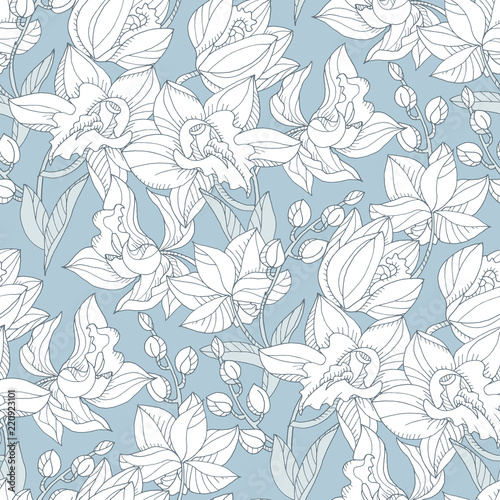 Tropical seamless pattern with tender orchid flowers