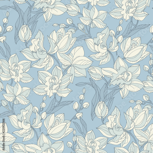 Tropical seamless pattern with tender orchid flowers