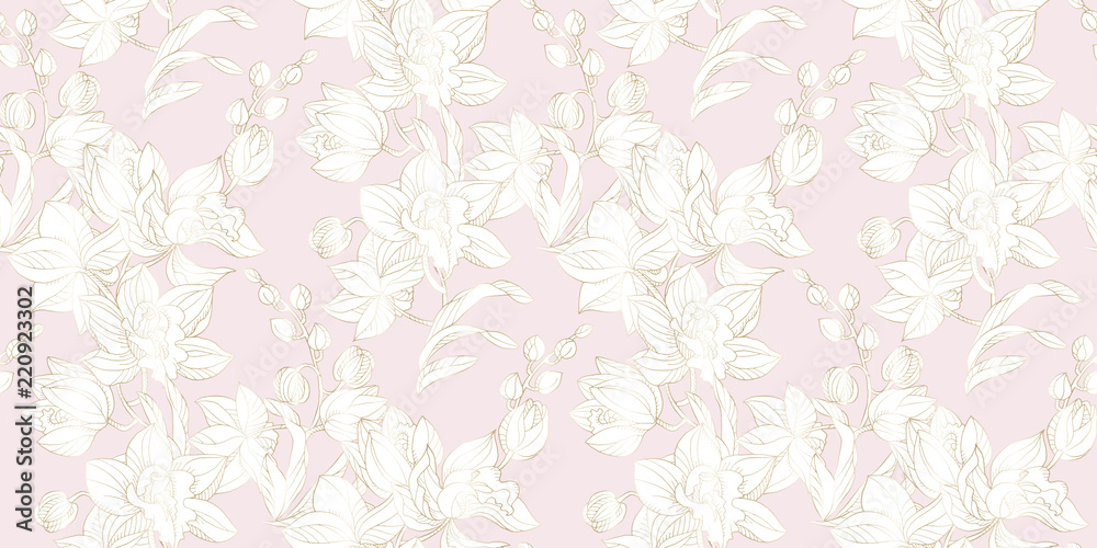 Fototapeta premium Orchid seamless pattern in pastel and gold color