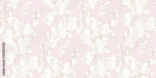 Orchid seamless pattern in pastel and gold color