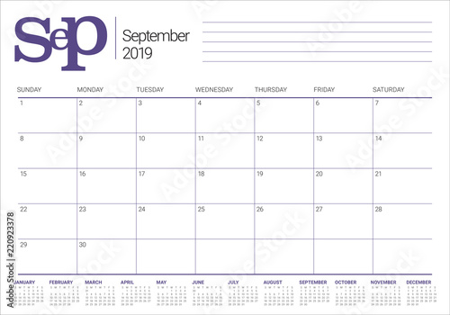 September 2019 desk calendar vector illustration