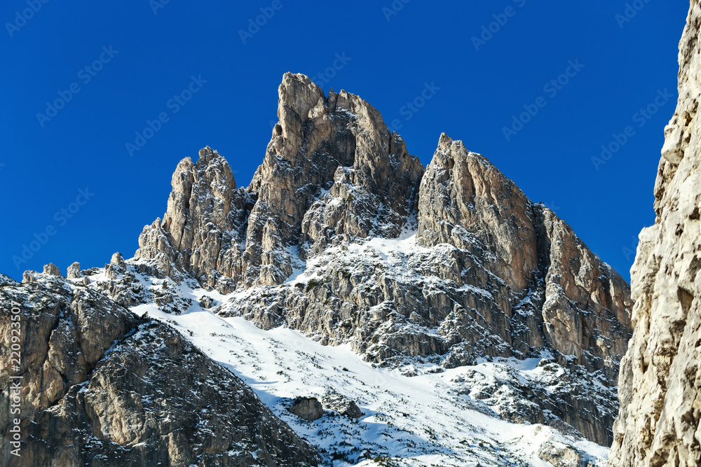 Magical dolomites mountains with white sunlight
