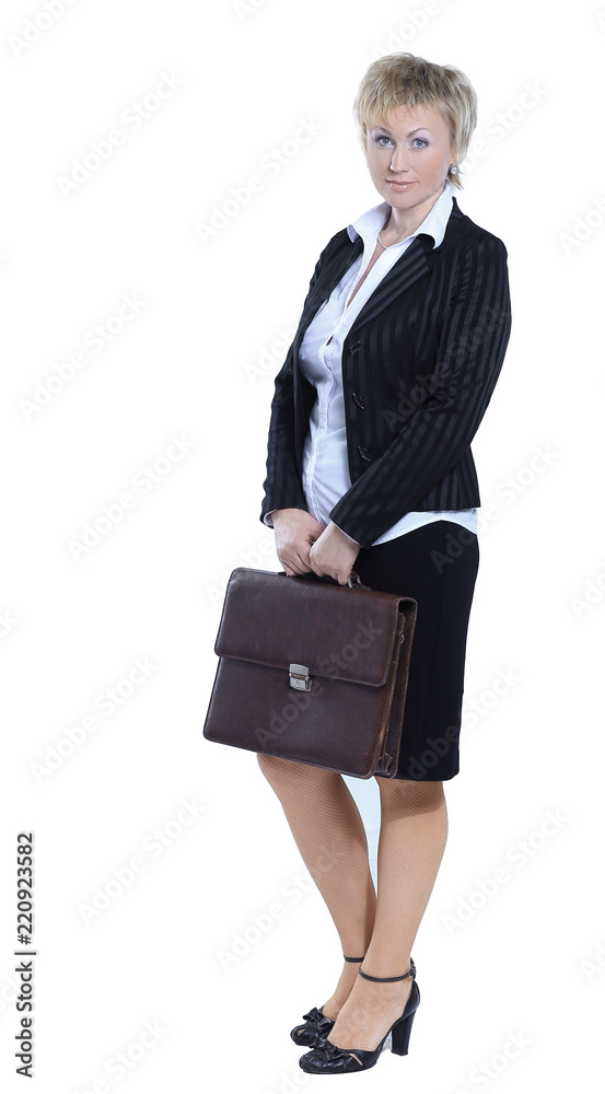 modern business woman with leather portfolio .isolated on white modern business woman with leather portfolio .isolated on white