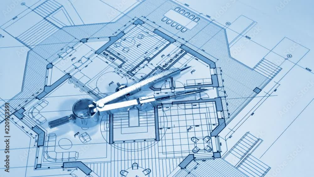 Architectural Blueprints - architectural plan of a modern house and compass smoothly rotate / seamless looping Architectural Blueprints - architectural plan of a modern house and compass smoothly rotate / seamless looping
