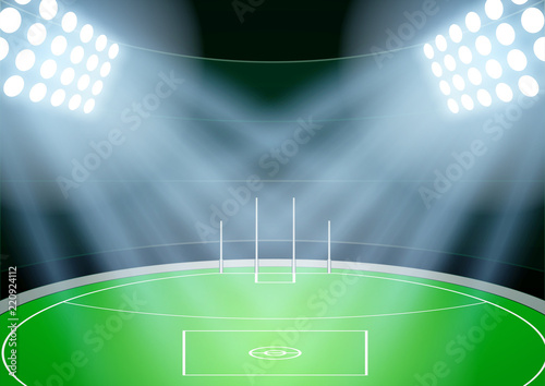 Horizontal Background for posters night Australian football stadium in the spotlight. Editable Vector Illustration.