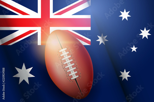 Poster of Australian football ball on Australian Flag Backgound. Football and Soccer Games. Sport equipment and teams. Vector Illustration photo