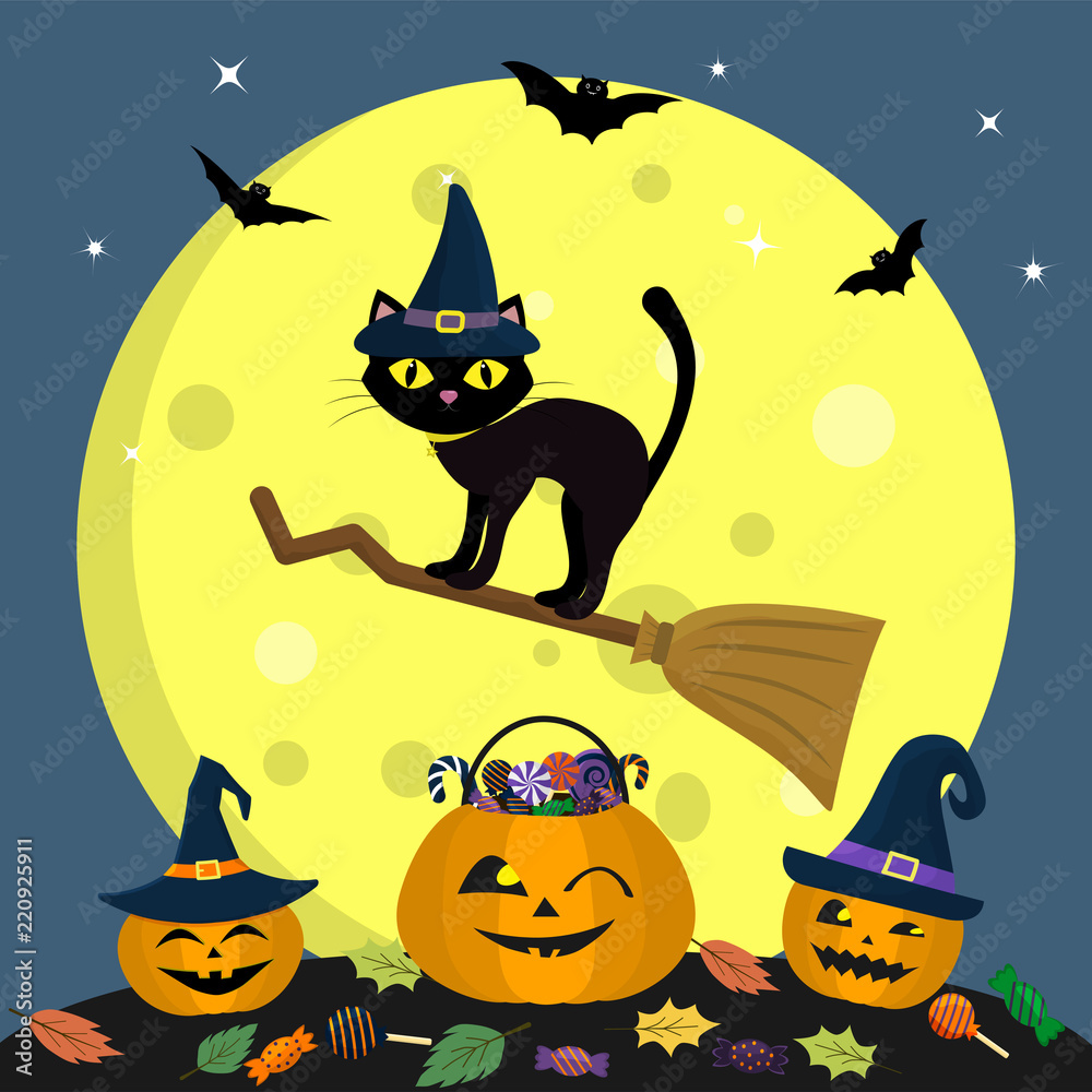 Happy Halloween. The Halloween cat in a witch s hat flies on a broomstick, against a full moon at night. Three pumpkins of Halloween with hats, sweets and leaves, volatile vampires and stars Happy Halloween. The Halloween cat in a witch s hat flies on a broomstick, against a full moon at night. Three pumpkins of Halloween with hats, sweets and leaves, volatile vampires and stars