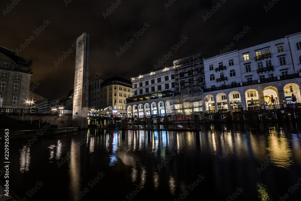 Hamburg Germany at the City hall. Reflections on Water. Night, long exposure.