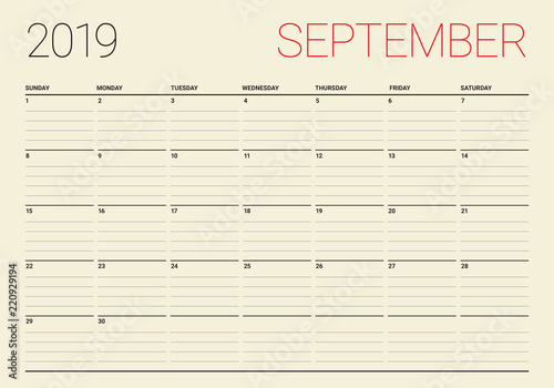 September 2019 desk calendar vector illustration