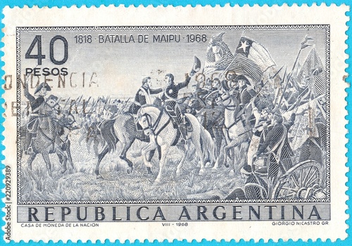 Canceled postage stamp depicting Battle of Maipu near Santiago, Chile on April 5, 1818 between South American rebels and Spanish royalists photo