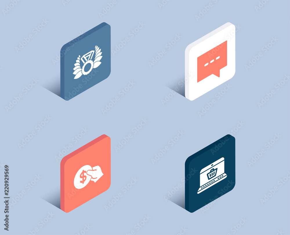 Set of Payment, Laureate medal and Blog icons. Online shopping sign. Usd coin, Laurel wreath, Chat message. Notebook with shopping cart. 3d isometric buttons. Flat design concept. Vector Set of Payment, Laureate medal and Blog icons. Online shopping sign. Usd coin, Laurel wreath, Chat message. Notebook with shopping cart. 3d isometric buttons. Flat design concept. Vector