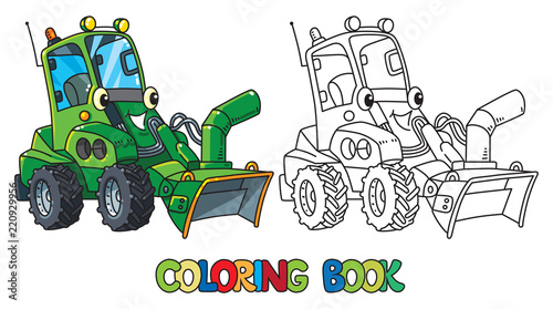 Funny snowthrower car with eyes. Coloring book